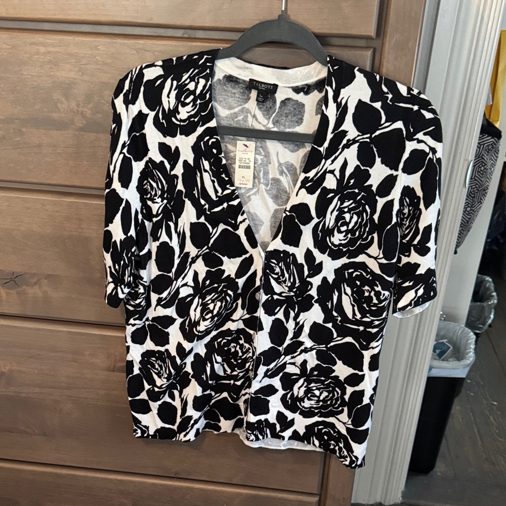 Talbots Black and White Floral Cardigan